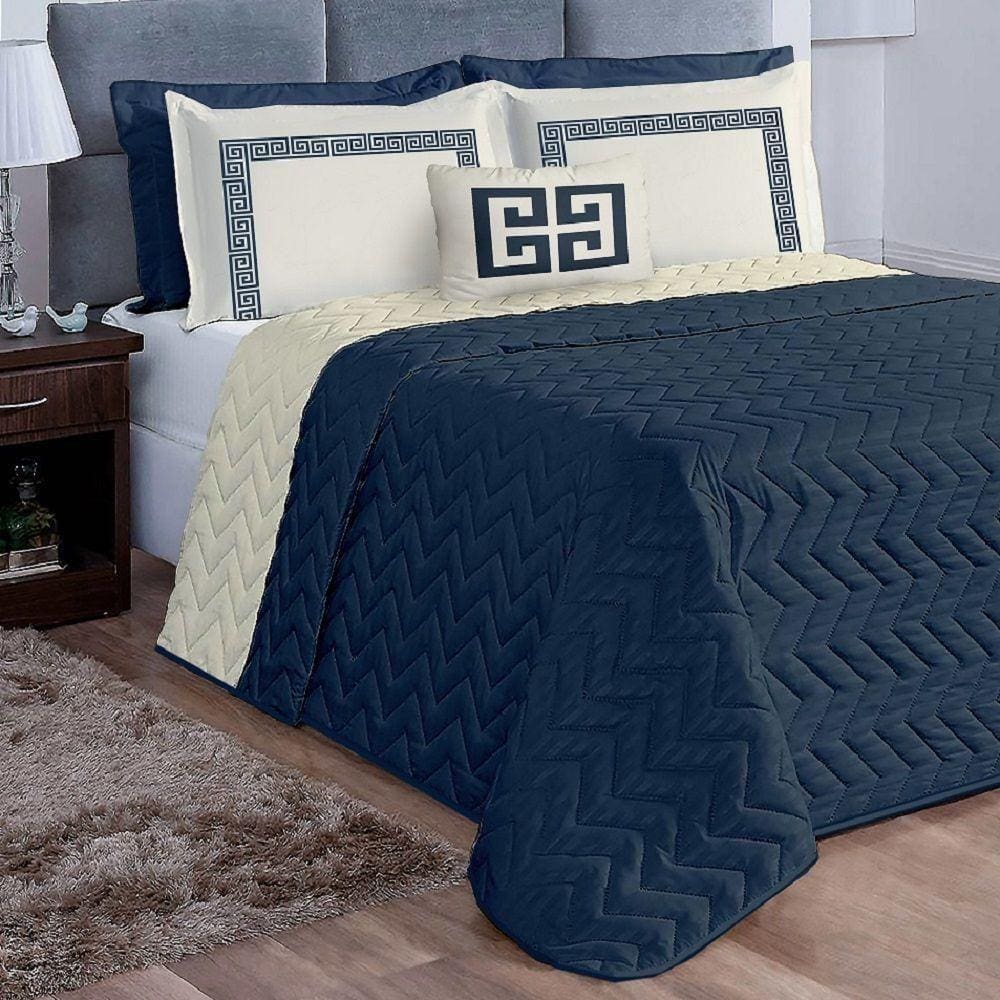 Cobre Leito Queen Grécia Dupla Face 7 Peças Azul Marinho