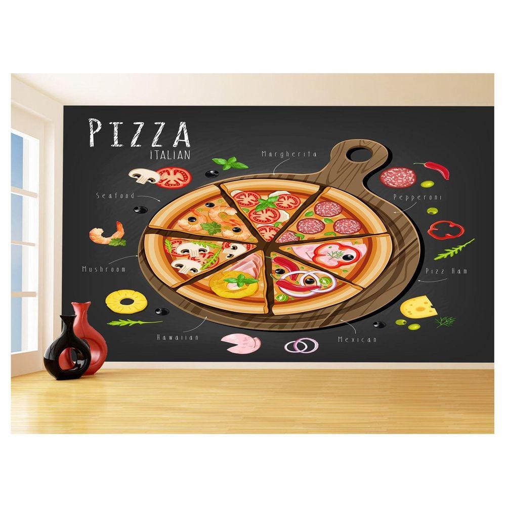 Papel De Parede Estilo Lousa Pizza Ingrediente 3,5M Lcb05