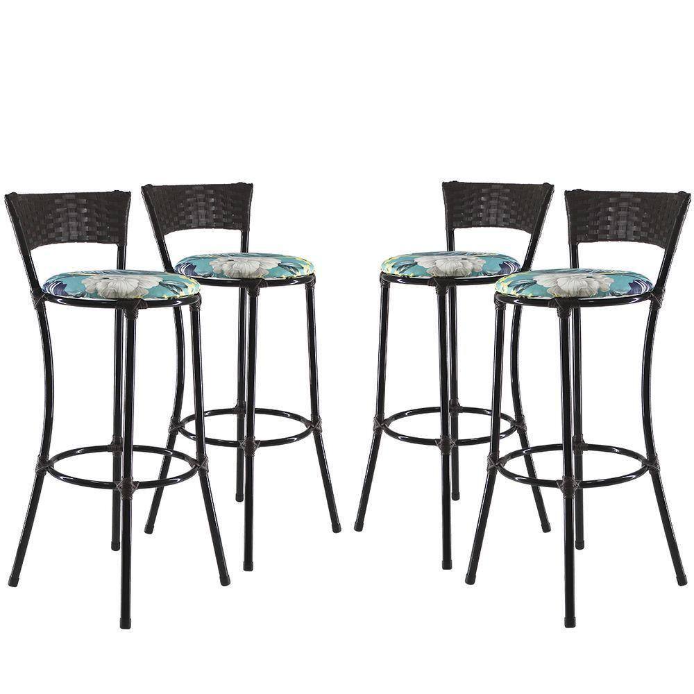 Jogo Com 4 Banquetas Altas Forts Fibra Uv Bancada, área Goumert, Bar, Piscina, Balcão, Floral Azul
