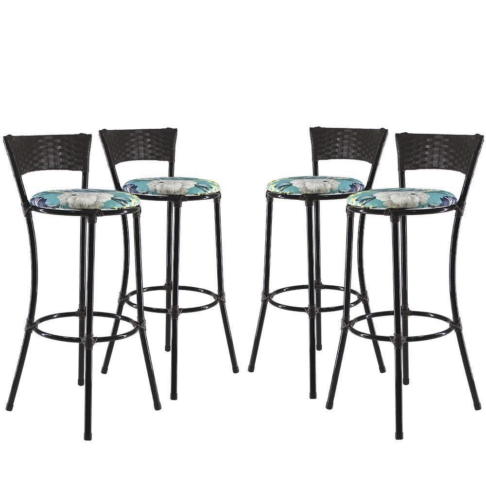 Kit Com 4 Banquetas Altas Forts Fibra Uv Bancada, área Goumert, Bar, Piscina, Balcão, Floral Azul