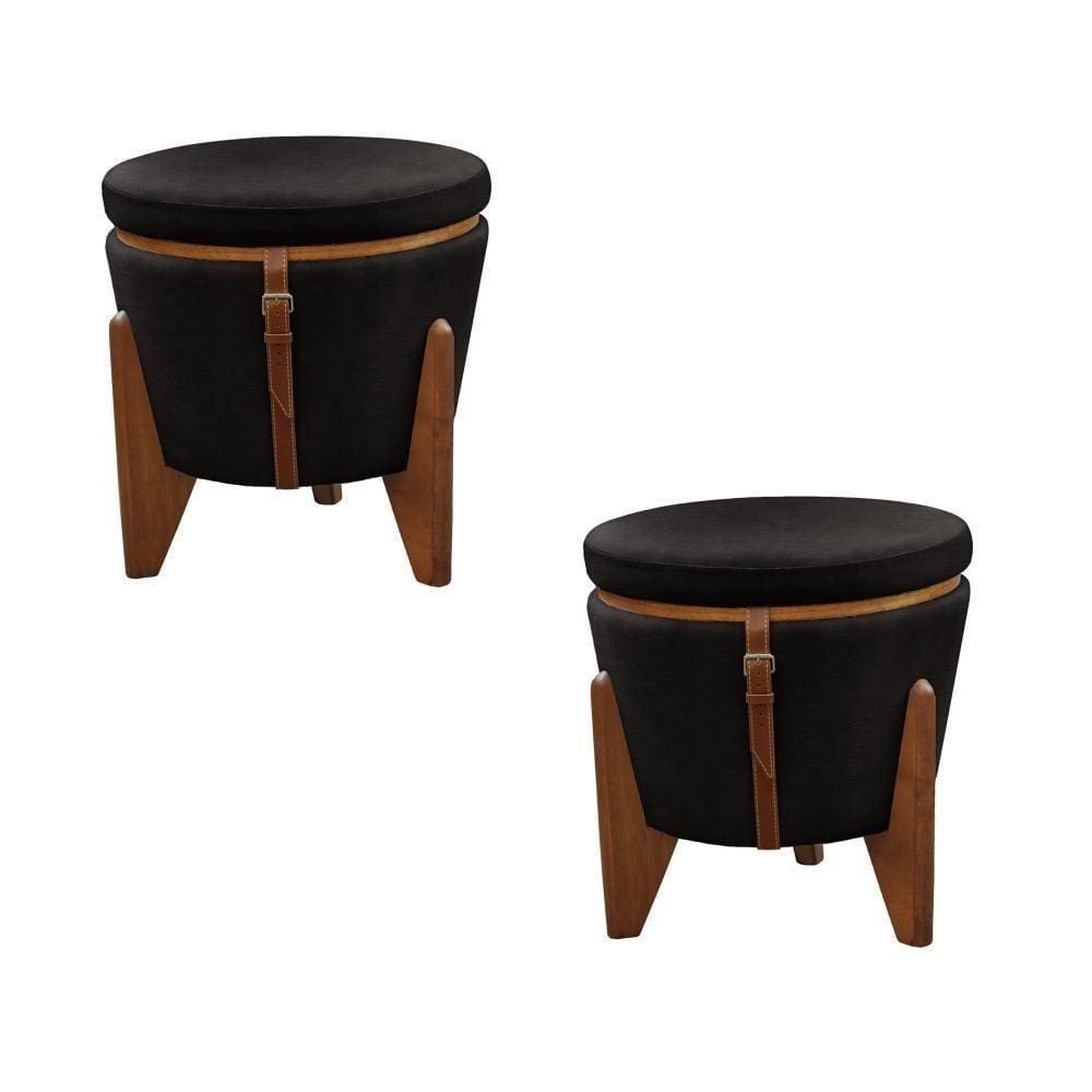 Conjunto - 2 Puffs Banqueta Fênix Baú Mesa Castellar Móbile Corino Preto