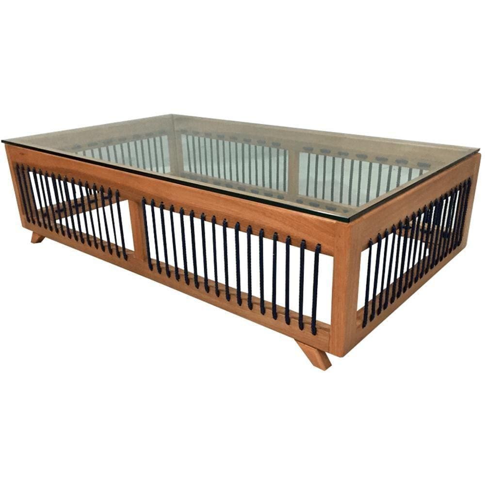 Mesa De Centro Saibi Ozki 150 Cm Madeira Eucalipto Cedro Corda Plana Azul E Tampo De Vidro