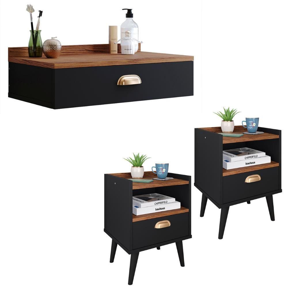 Conjunto Quarto 2 Mesas Cabeceira Retrô Mesinha Lateral Cama E Penteadeira Suspensa Organizadora Decoração Ambiente Preto/Freijó - RPM Móveis