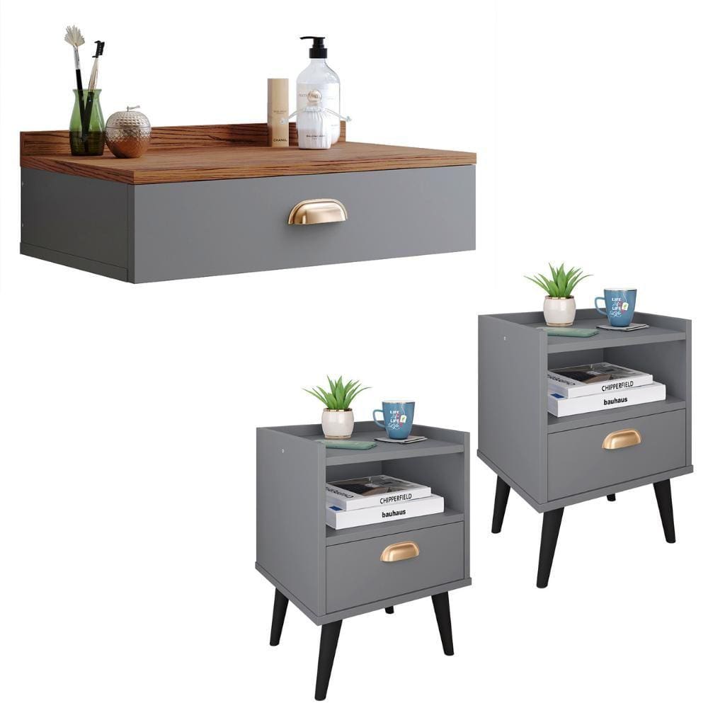 Conjunto Quarto 2 Mesas Cabeceira Retrô Mesinha Lateral Cama Cinza/Freijó E Penteadeira Suspensa Organizadora Decoração Ambiente Cinza - RPM Móveis