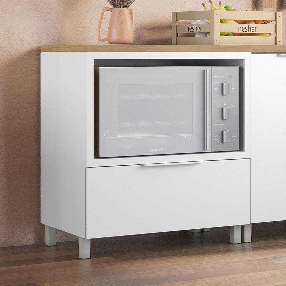 Balcão Forno 1 Gaveta com Caixa Organizadora 80cm 100% MDF Marquesa Branco/Marrom