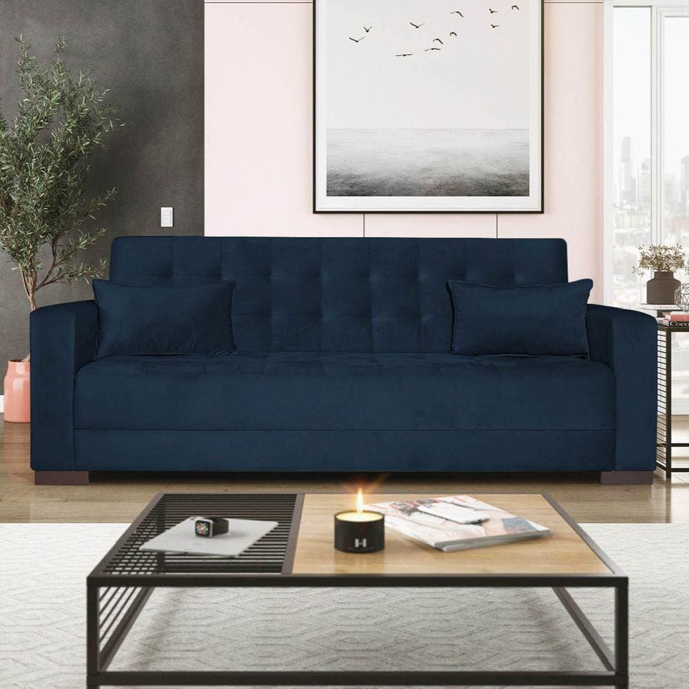 Sofá Cama 3 Lugares Jobim Suede - Doce Sonho Móveis Azul Marinho