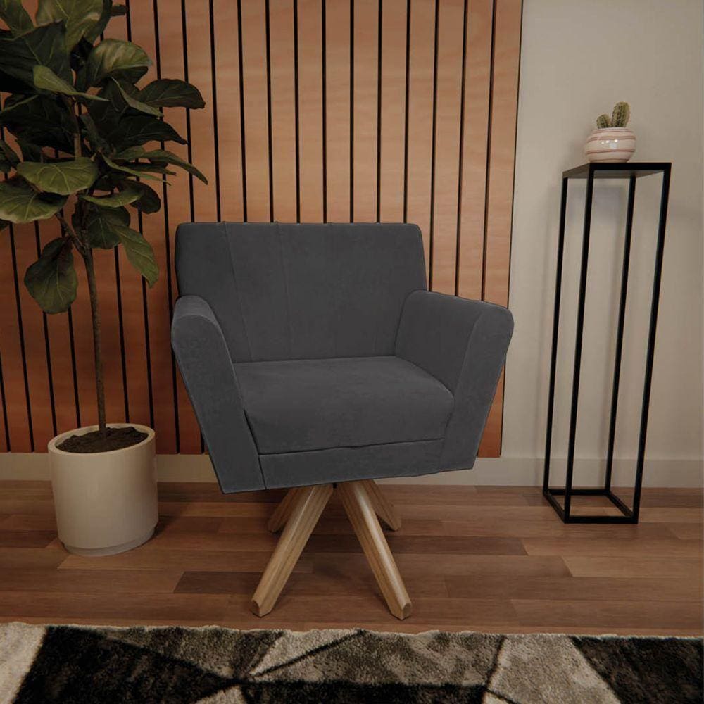 Poltrona Laura Base Giratória De Madeira Linho - Doce Sonho Móveis Cinzaescuro