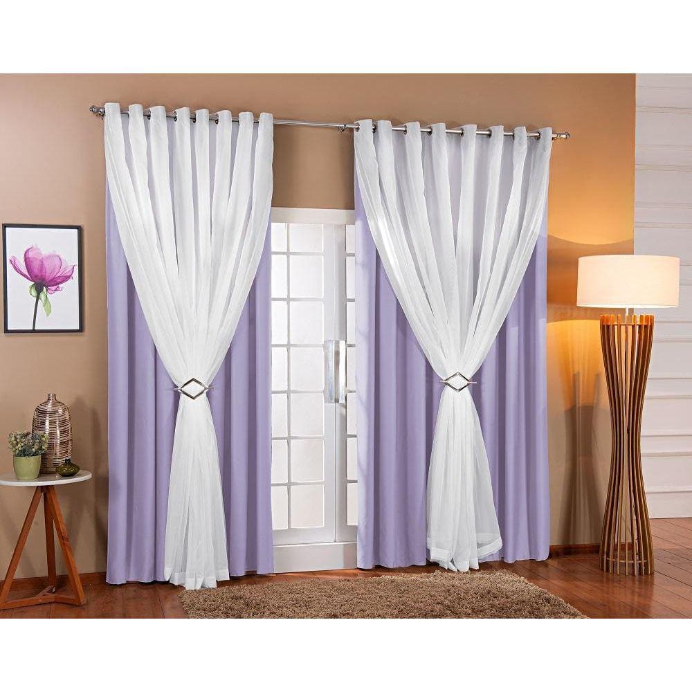 Cortina Voil Forro Blackout Tecido 4,00X2,70 Lilás/Branco