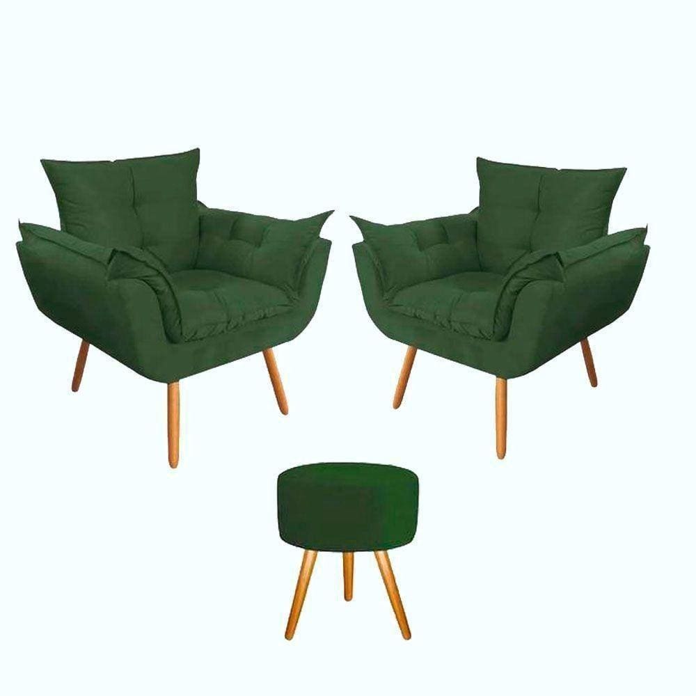 Kit 2 Poltronas Opalas Com Puff Redondo Suede Verde