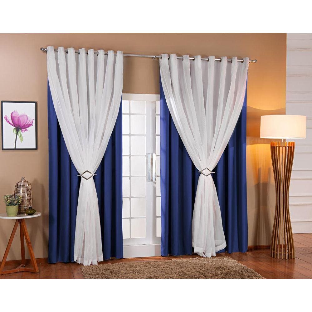 Cortina Voil Forro Blackout Tecido 3,00X2,30 Azul/Branco