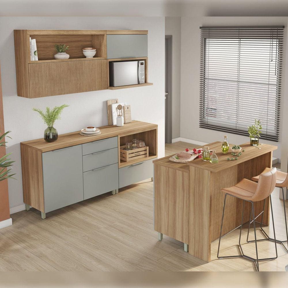 Cozinha 6 Peças 4 Portas 7 Gavetas Painel Ilha Marquesa 100% Mdf Marrom/Verde