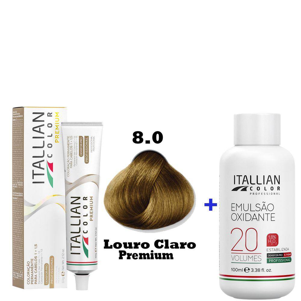 Kit Coloração Itallian Premium 60g Louro Claro 8.0 + Emulsão Oxi 20vol.x100ml.