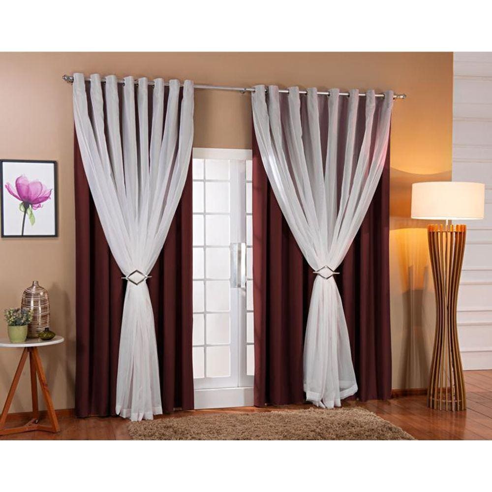 Cortina Voil Forro Blackout Tecido 4,00X2,30 Marrom/Branco