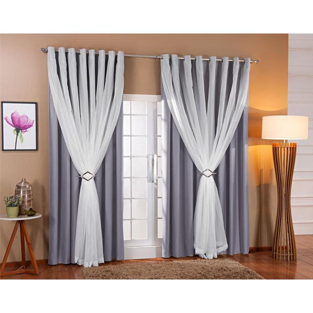 Cortina Voil Com Forro Blackout Tecido 4,00X2,70 Sala E Quarto Cinza/Branco