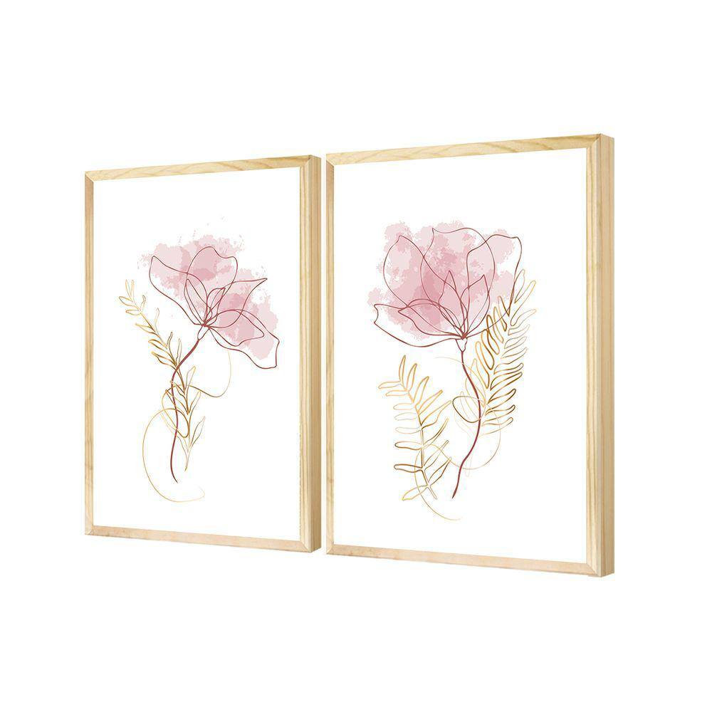 Dupla Quadros Decorativos Flores Dourado Woman para Quarto