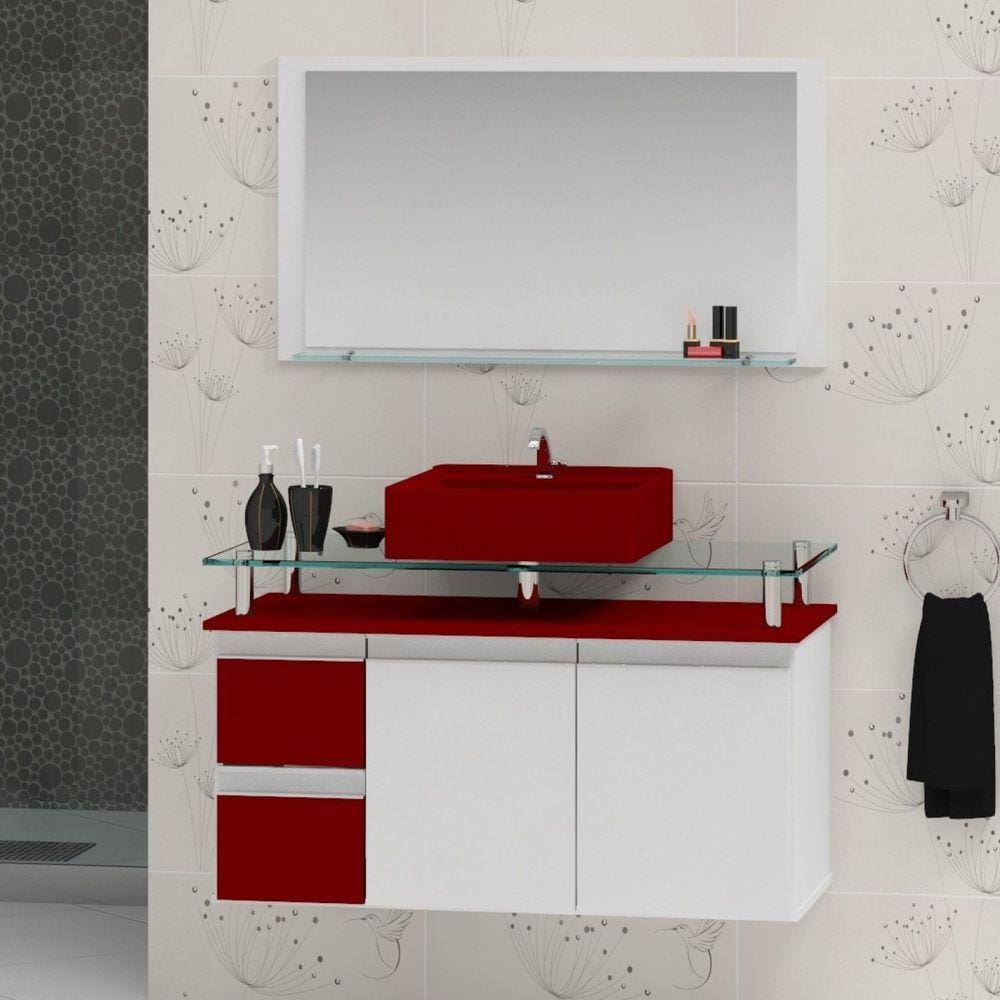 Conjunto para Banheiro Gabinete com Cuba e Espelheira 80cm Diamante Vinho