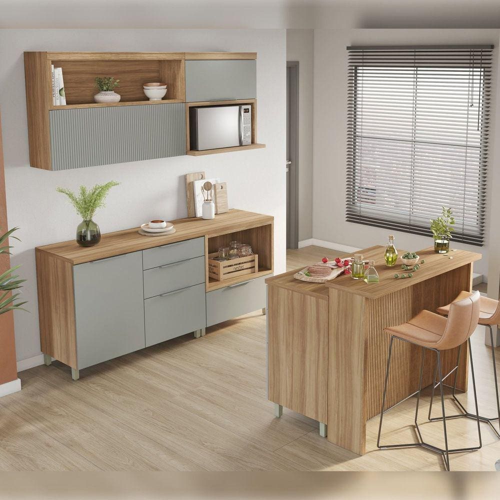 Cozinha 6 Peças 4 Portas 7 Gavetas Painel Ilha Marquesa 100% Mdf Marrom/Verde