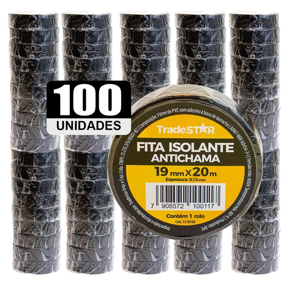 Kit 100 Rolos Pç Fita Isolante 20 Metros Preta