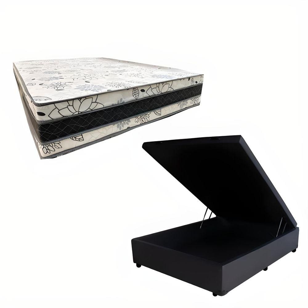Cama Base Box Baú Casal Super Confort Sintético Preto + Colchão Casal Super Confort D33 28x138x188