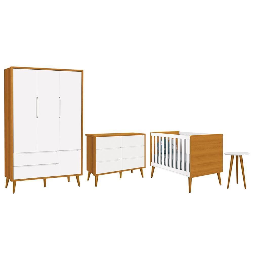 Dormitório Completo Infantil Theo 3 Portas, Cômoda 6 Gavetas, Berço e Mesa de Canto com Pés Amadeirado - Reller Móveis