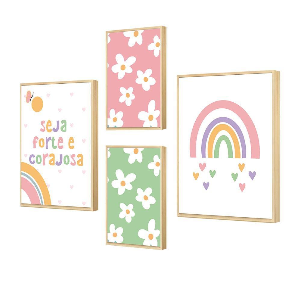 Kit 4 Quadros Decorativos Colorido Frase Menina Infantil