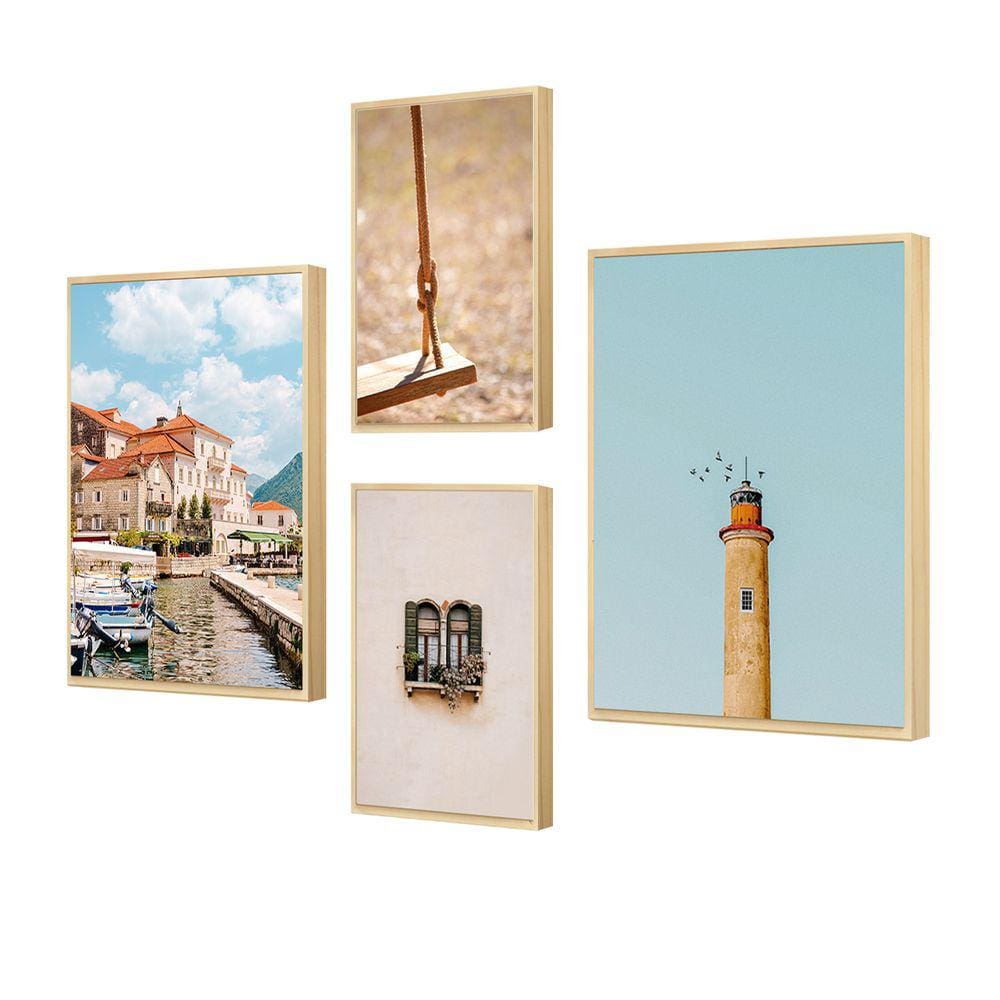 Kit 4 Quadros Vintage Foto Paisagens Antigas Bege Para Sala