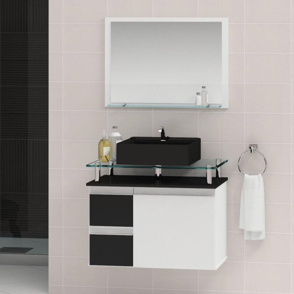 Conjunto para Banheiro Gabinete com Cuba e Espelheira 60cm Diamante Contarini Preto