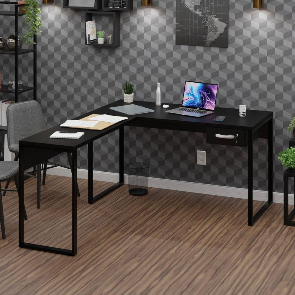 Mesa de Canto em L Escrivaninha com 1 Gaveta Industrial 120x150cm Preto