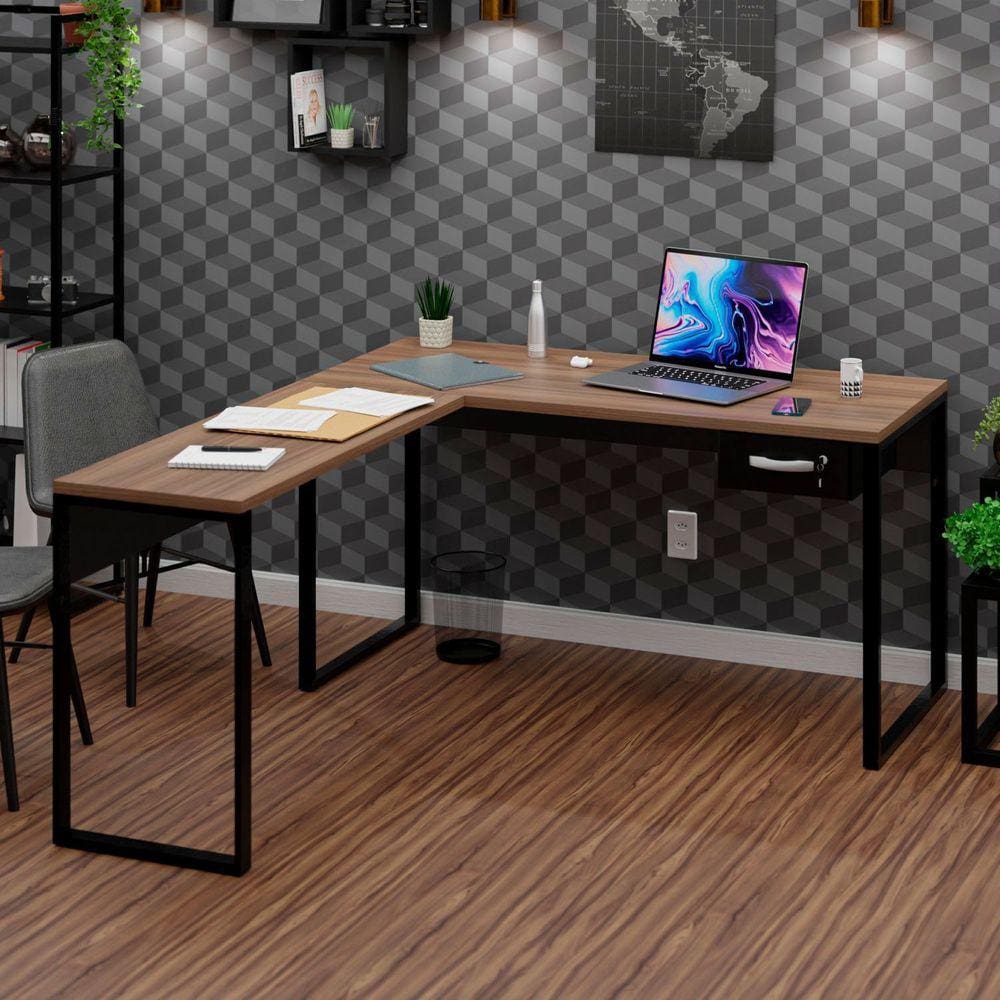 Mesa de Canto em L Escrivaninha com 1 Gaveta Industrial 150x150cm Nogal