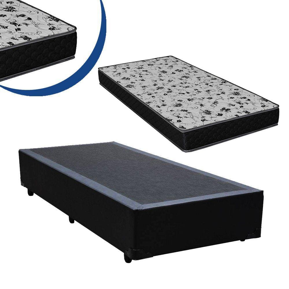 Cama Box Solteiro Sintético Preto + Colchão Espuma D33 Bordado 54x78x188