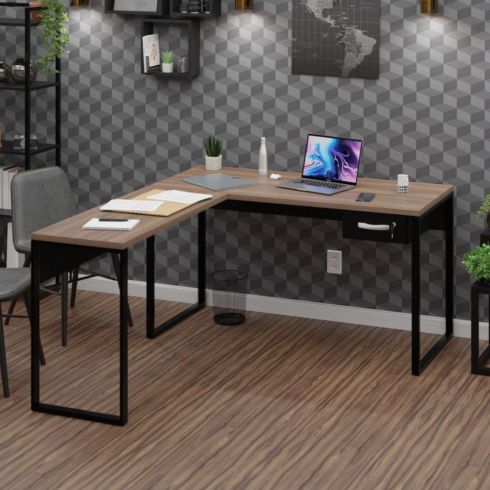 Mesa de Canto em L Escrivaninha com 1 Gaveta Industrial 135x150cm Nogal