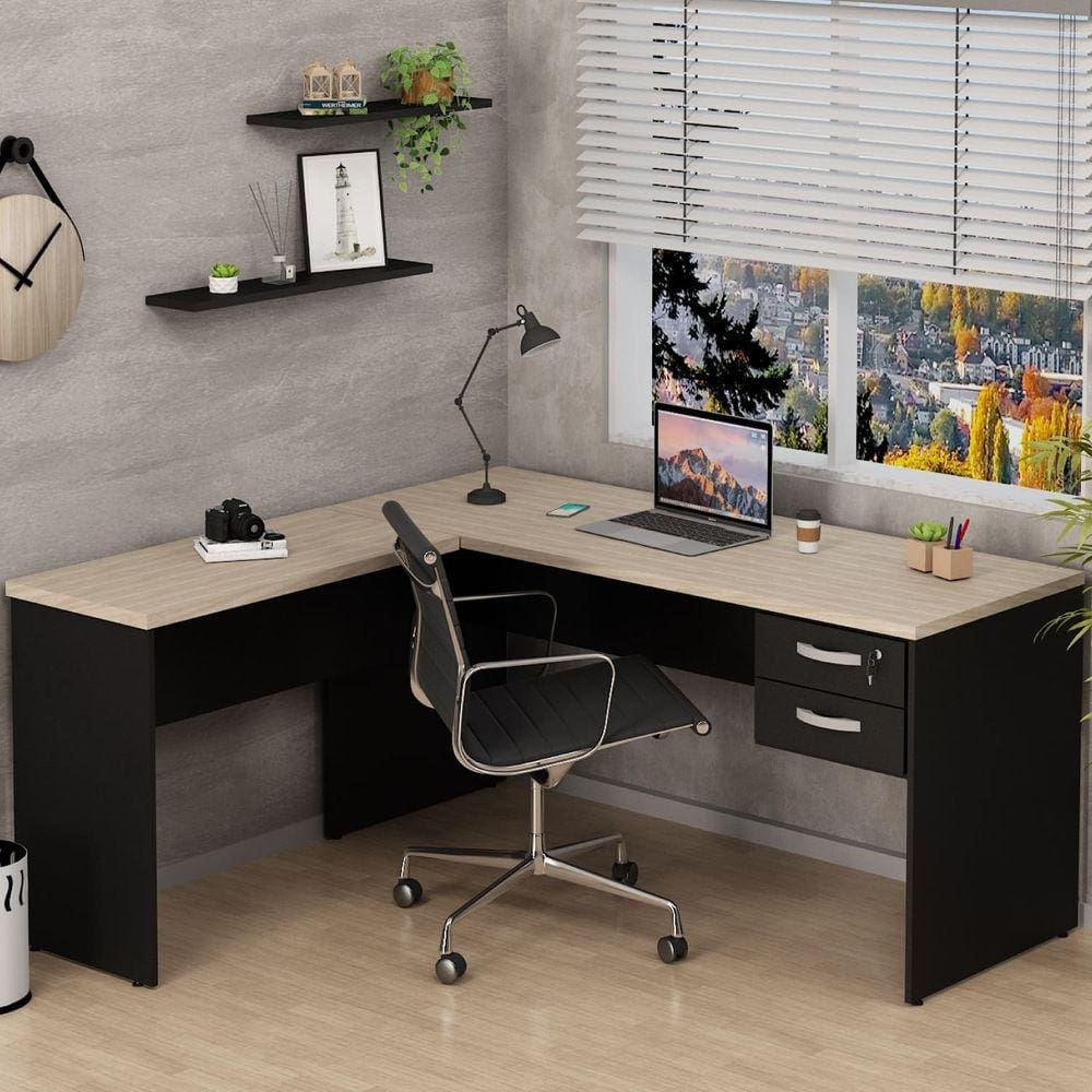Mesa De Escritório em L 160x150cm com Gaveteiro Carvalho