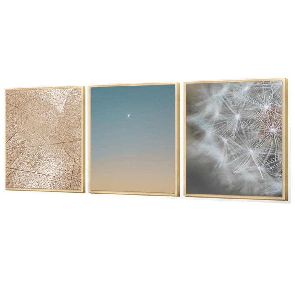 Kit 3 Quadros Decorativos Lua Dourado Céu Dente de Leão
