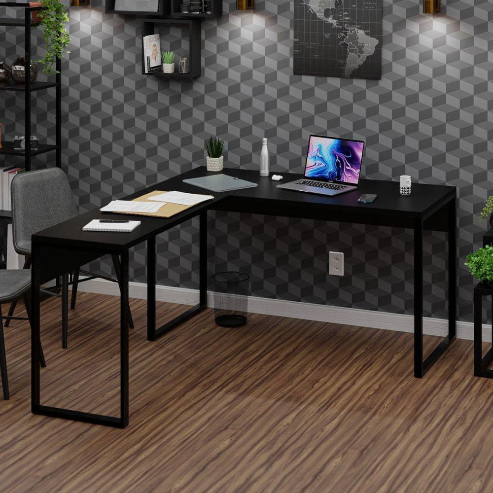 Mesa de Canto em L Escrivaninha Industrial 135x150cm Preto