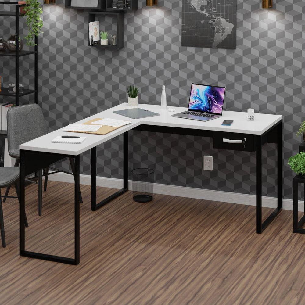 Mesa de Canto em L Escrivaninha com 1 Gaveta Industrial 120x150cm Branco