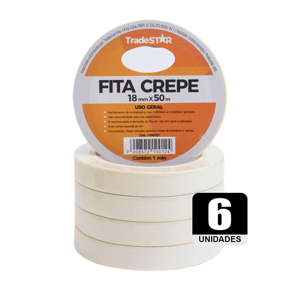 Fita Adesiva Crepe Papel 18mm X 50m C/6 Rolos 18x50