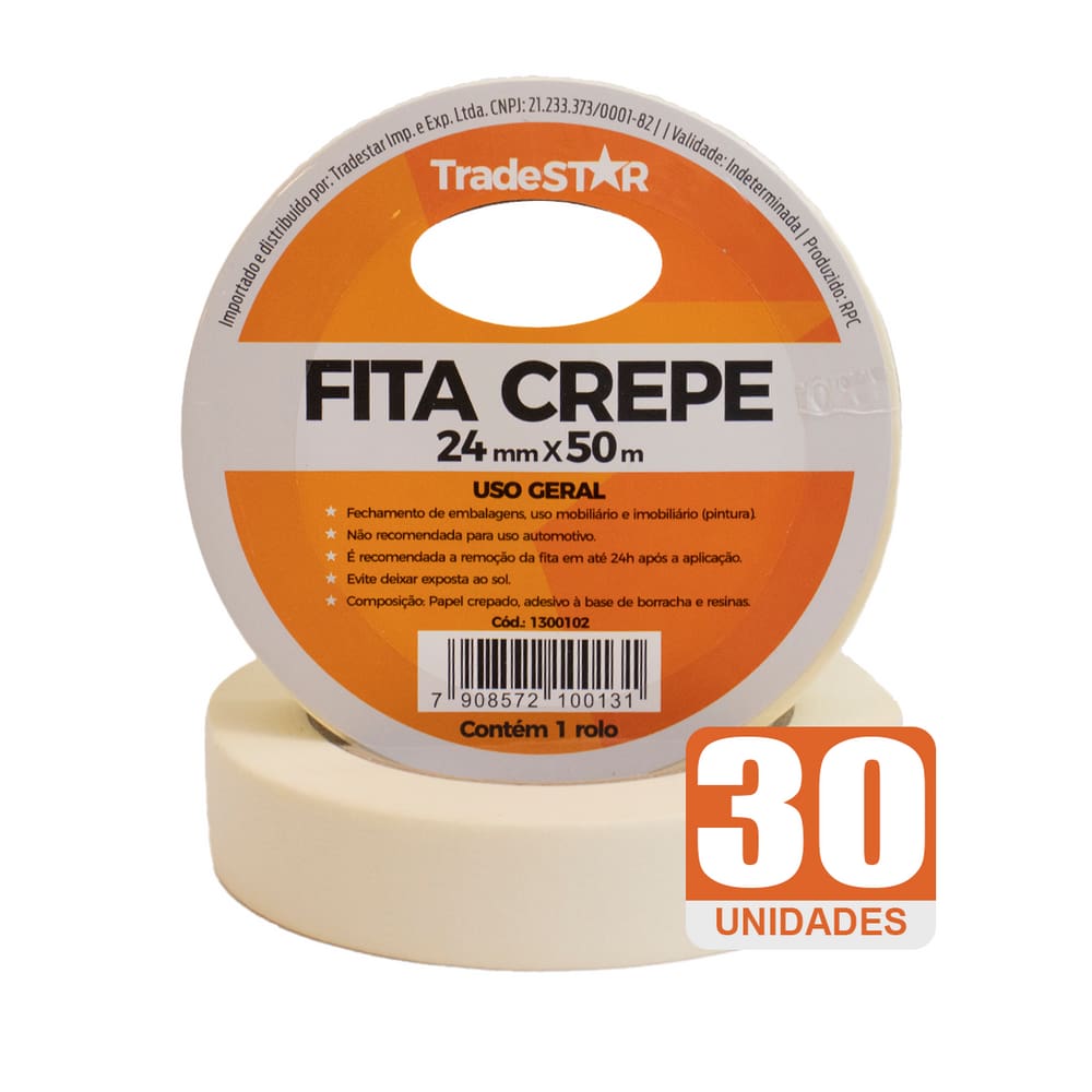Fita Adesiva Crepe Papel 24mm X 50m C/30 Rolos 24x50