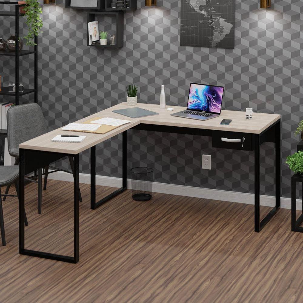 Mesa de Canto em L Escrivaninha com 1 Gaveta Industrial 120x150cm Carvalho