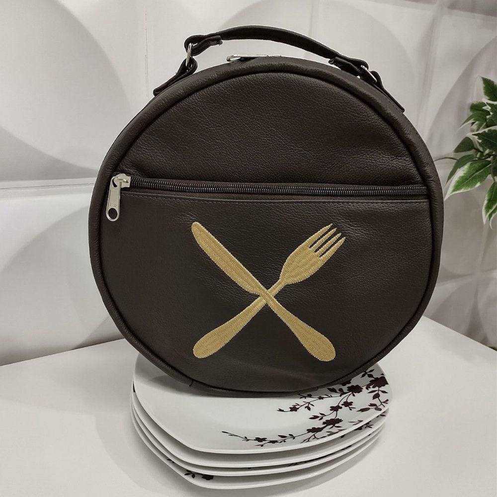 Bolsa Porta Pratos Personalizado Marrom Couro - Coutre Bolsas