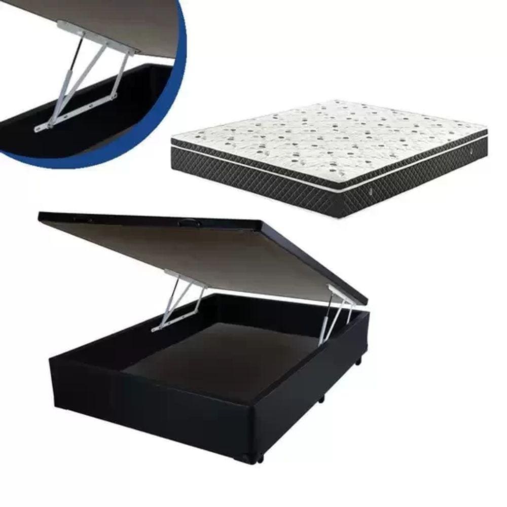 Cama Box Baú Casal Sintético Preto + Colchão Mola Bonnel 59x138x188