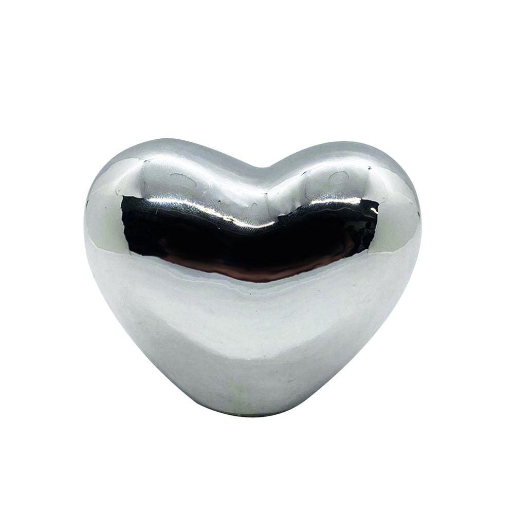 Enfeite de Porcelana Coração Metalico Prata Brilhante 8cm