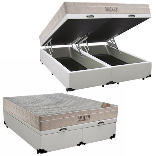 imagem-Cama Box Baú Queen Sintético Bipartido + Colchão Molas Ensacadas Airtech Ortobom 69x158x198 Branco