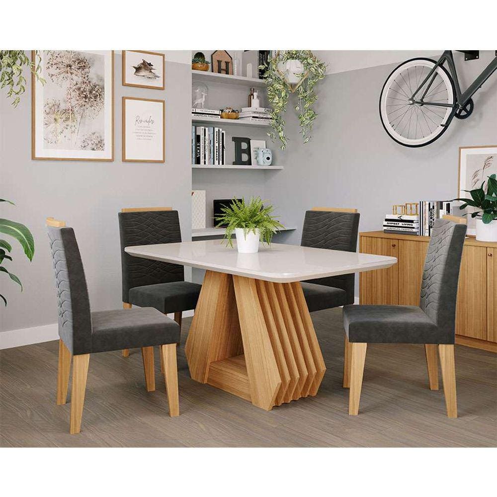 conjunto de mesa de jantar retangular com tampo de vidro off white agata e 4 cadeiras clarice suede e nature