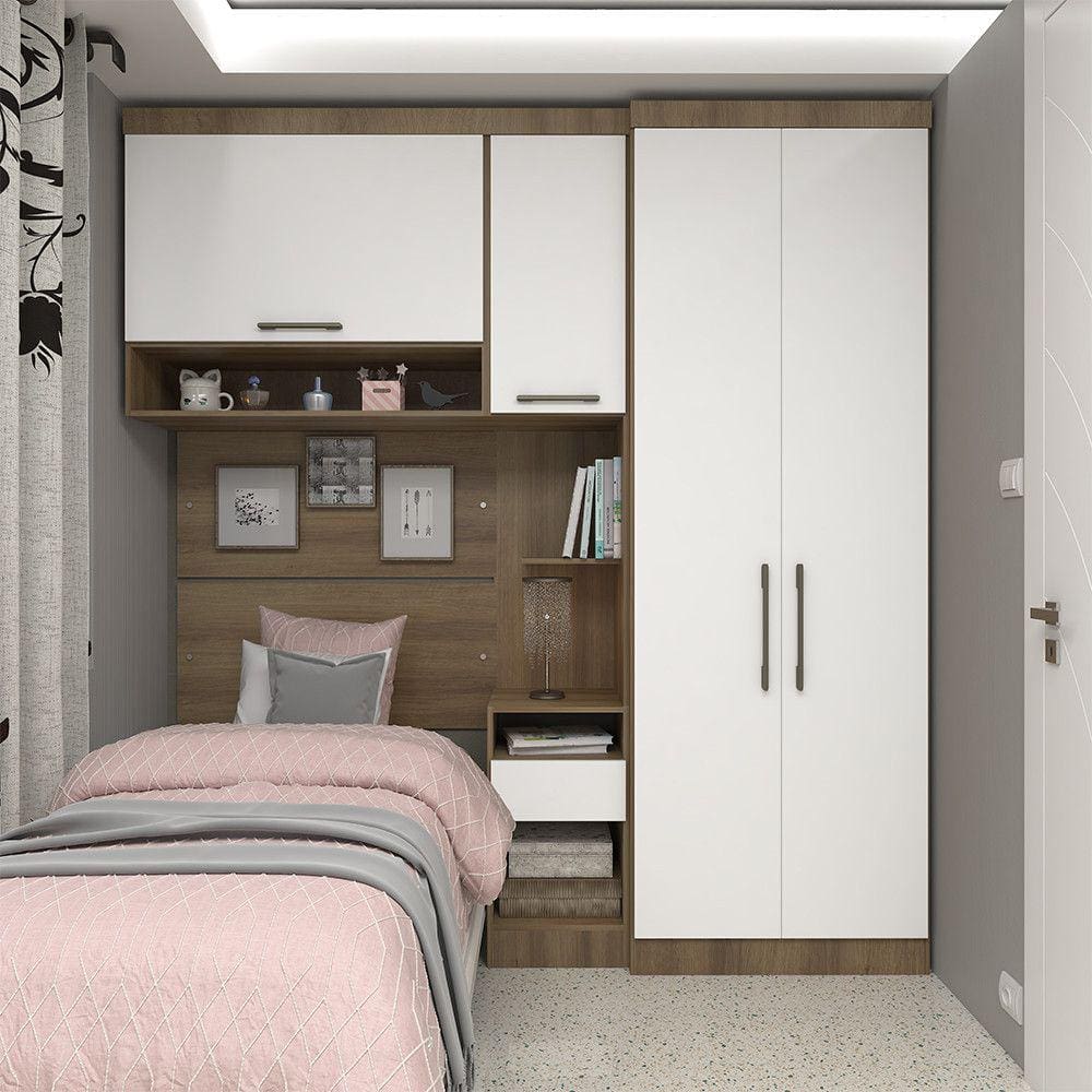 Quarto de Solteiro com Guarda Roupas Mesa de Cabeceira e Nicho Paris Luciane Móveis
