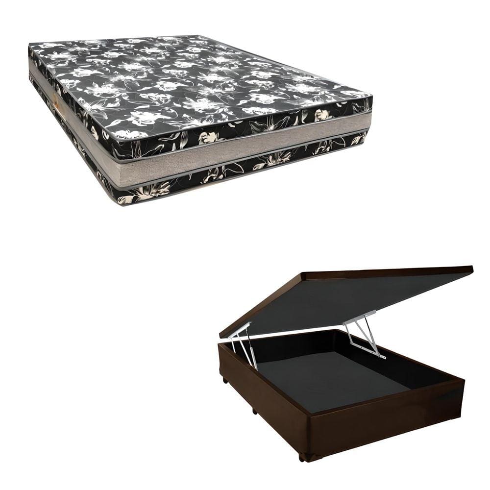 Cama Base Box Baú Casal Super Black Sintético Marrom + Colchão Casal Super Black D33  28x138x188