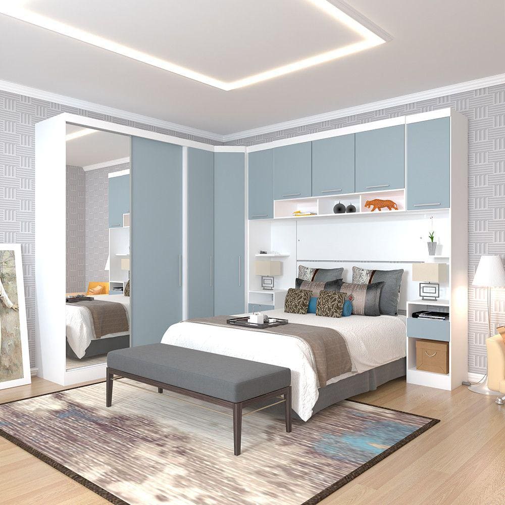 Quarto de Canto Casal com Guarda Roupas com Espelho e Mesas de Cabeceira Alpes Luciane Móveis