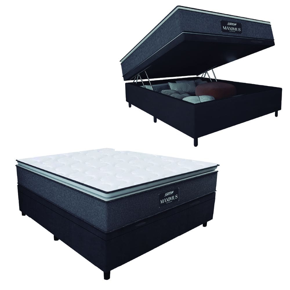 Cama Box Baú Casal Colchão Molas Ensacadas Pillow Top Maximus 138x188x69cm Cinza / Preto Gazin - Suporta até 120kg por Pessoa