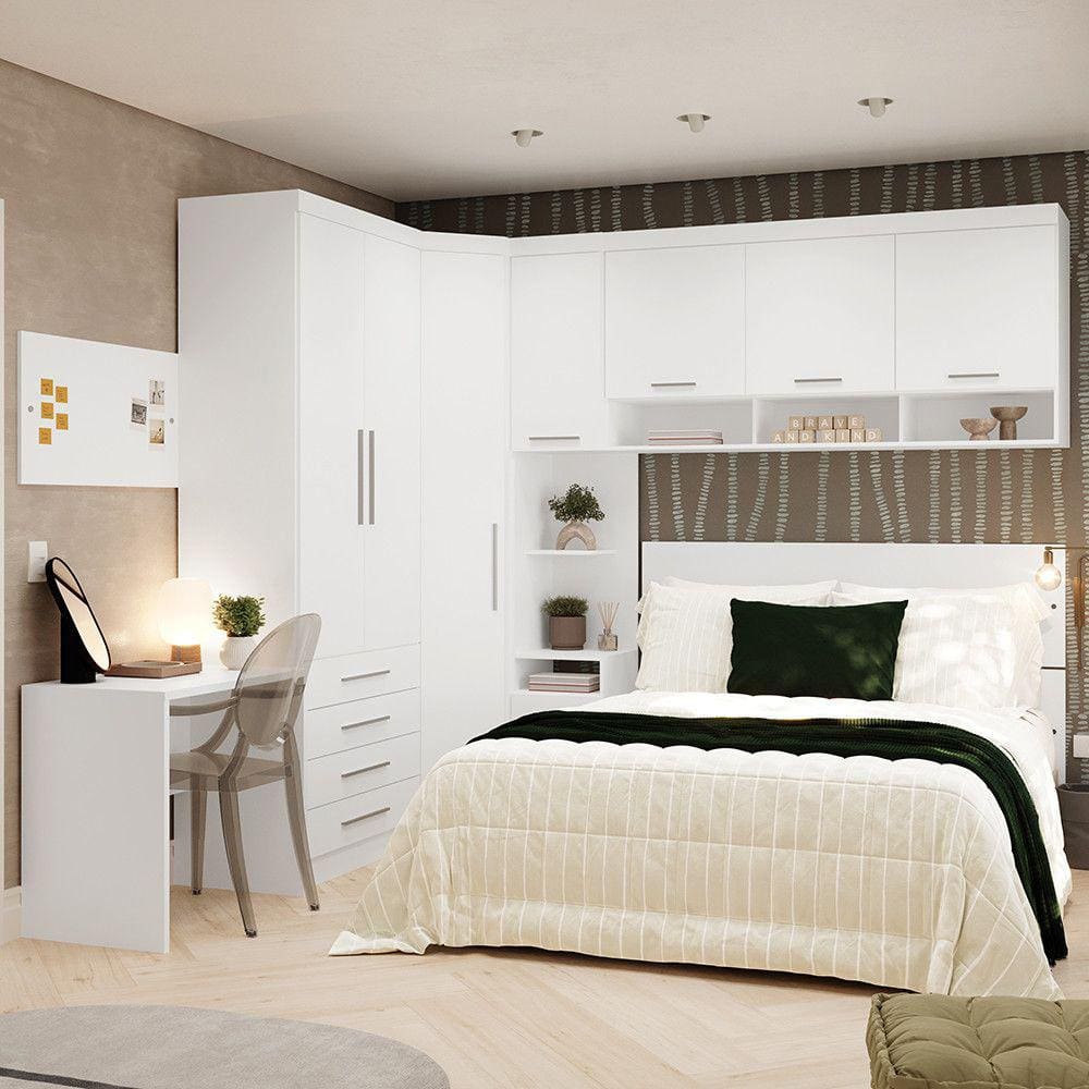 Quarto de Canto Casal com Guarda Roupas Cabeceira e Escrivaninha Alpes Luciane Móveis