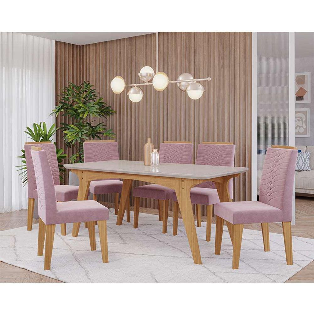 conjunto de mesa de jantar retangular com tampo de vidro off white selena e 6 cadeiras clarice suede rosê e nature