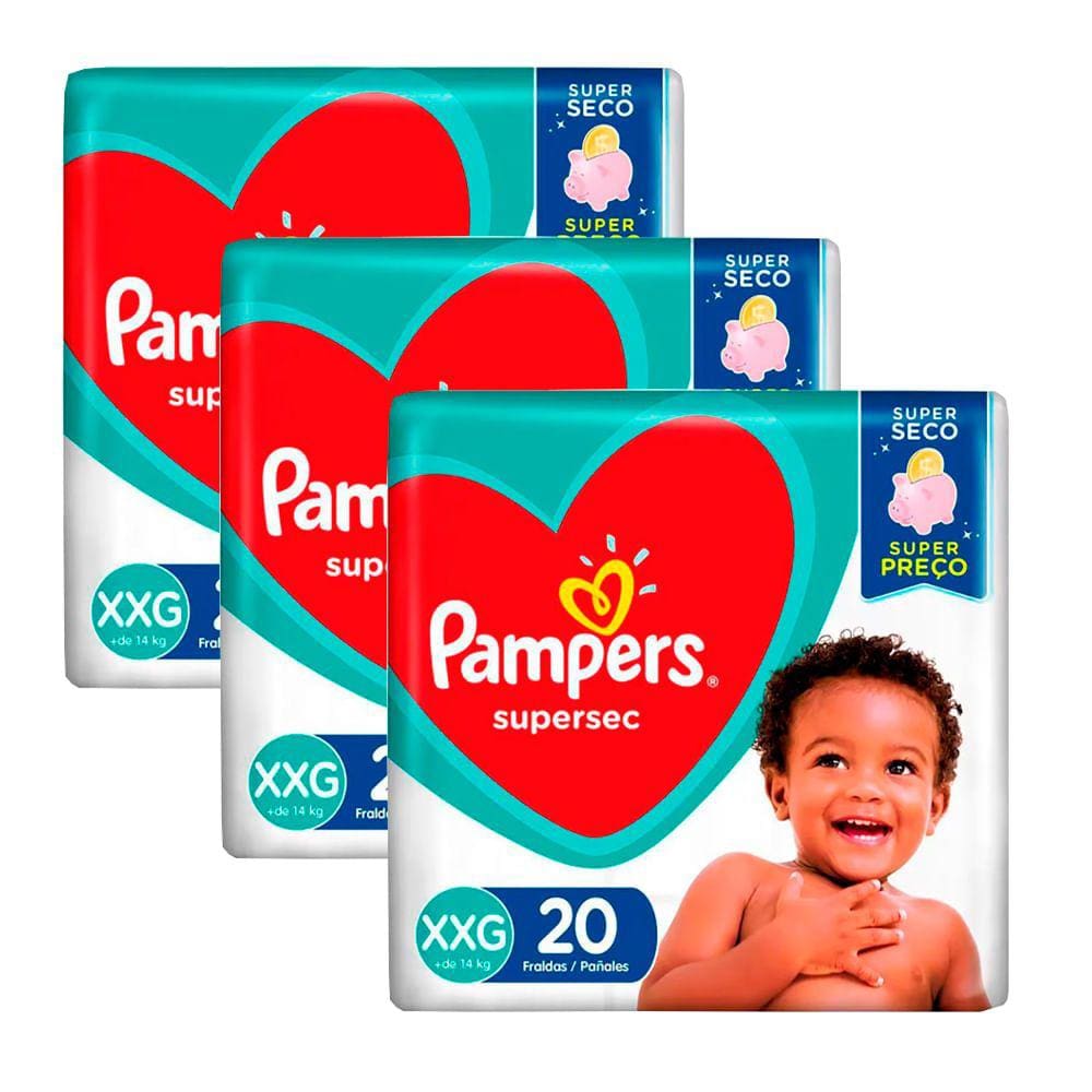 Kit 3 Fraldas Pampers Supersec Pacotão Econômico XXG - 60 Tiras